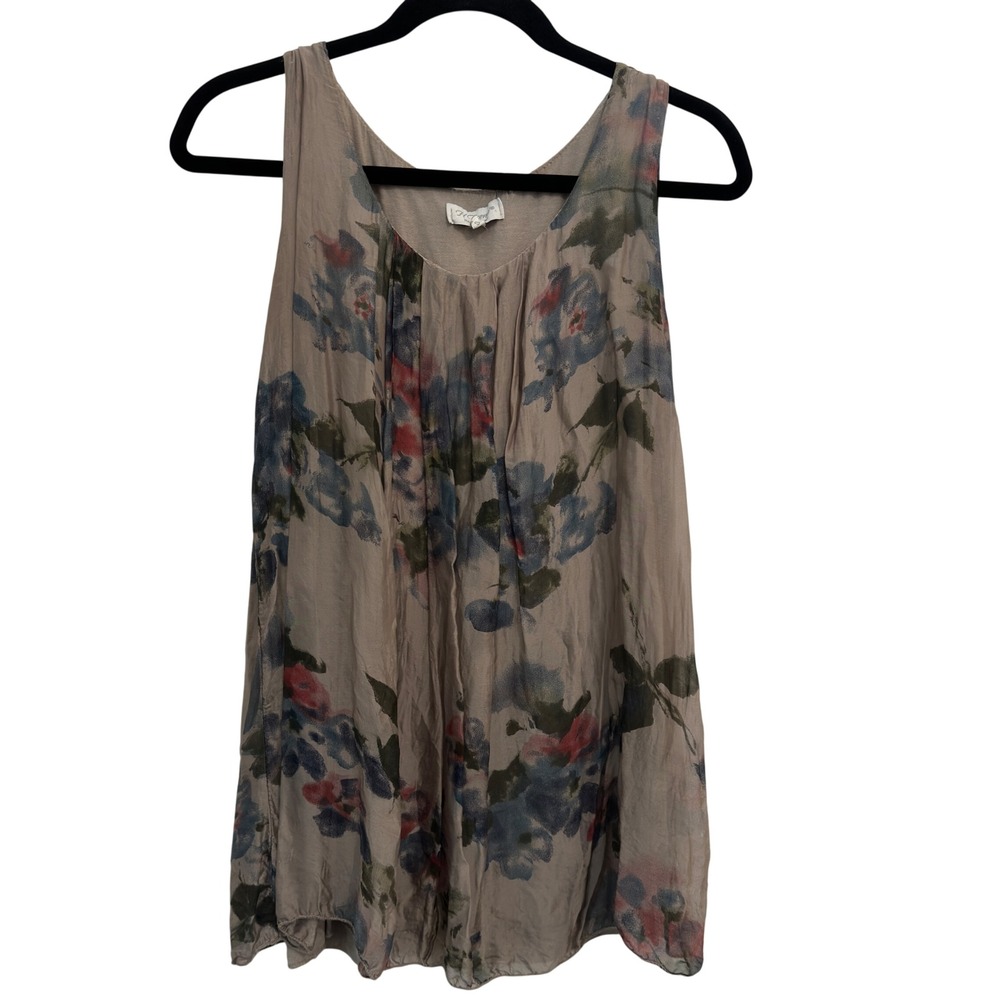 H Trend Made in Italy 100% Silk Tank Top Womens Small Taupe Floral Watercolor